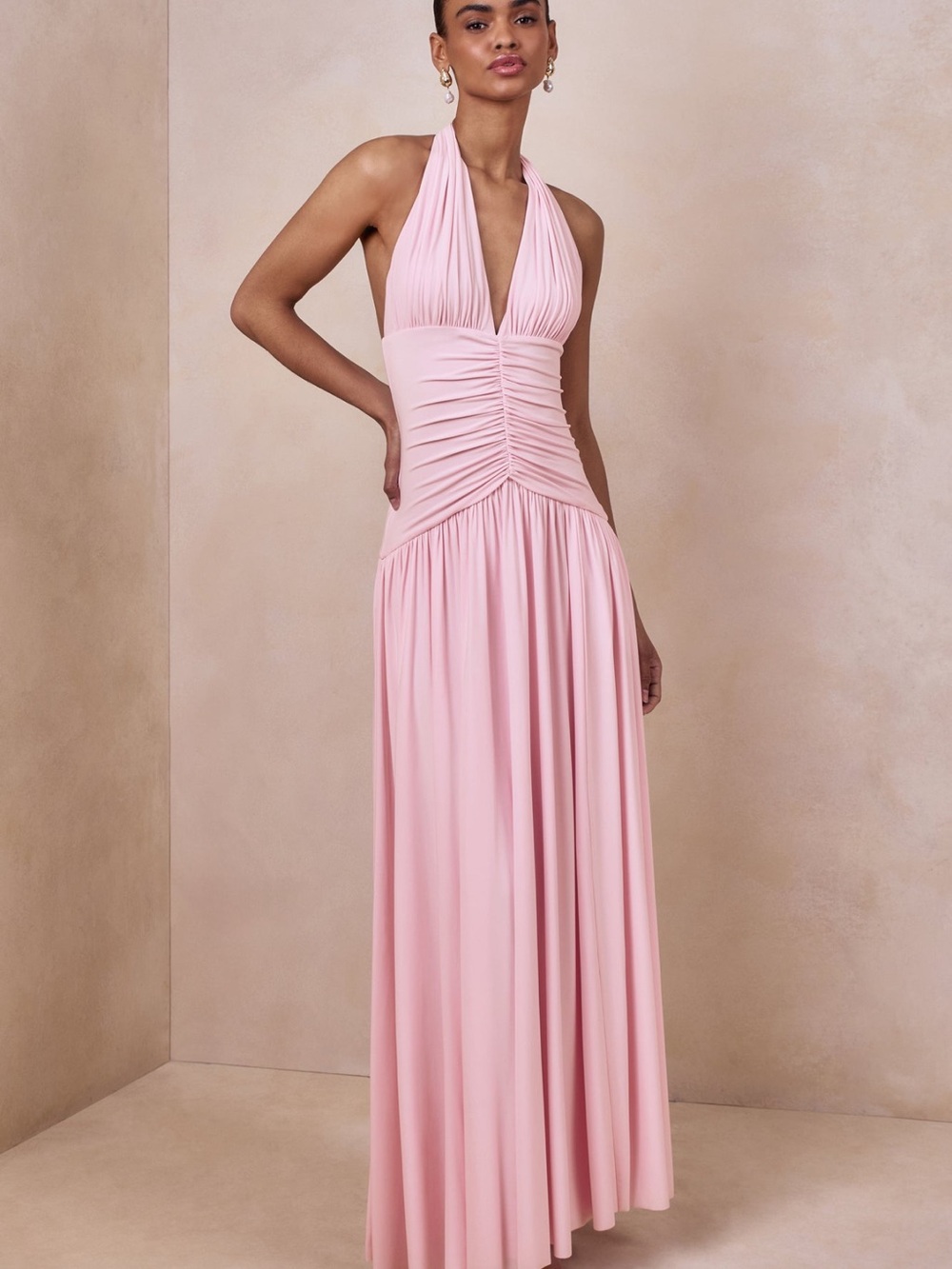 Halter Ruched Pink Maxi Dress